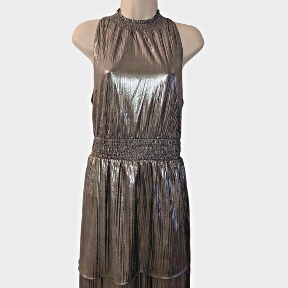 NWT Addison Evening Silver Metallic Dress Size 14 High Neck Glamour Maxi Formal - Picture 5 of 15